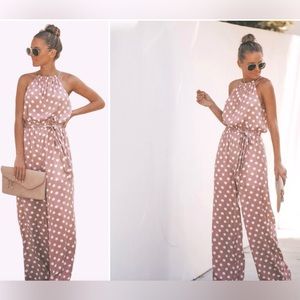 Blush polka dot jumpsuit sleeveless belted wide leg